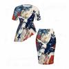 Women Plus Size Round Neck Short Sleeve Navy Red Printed Asymmetric Top And Fitted Skirt Two Piece Set