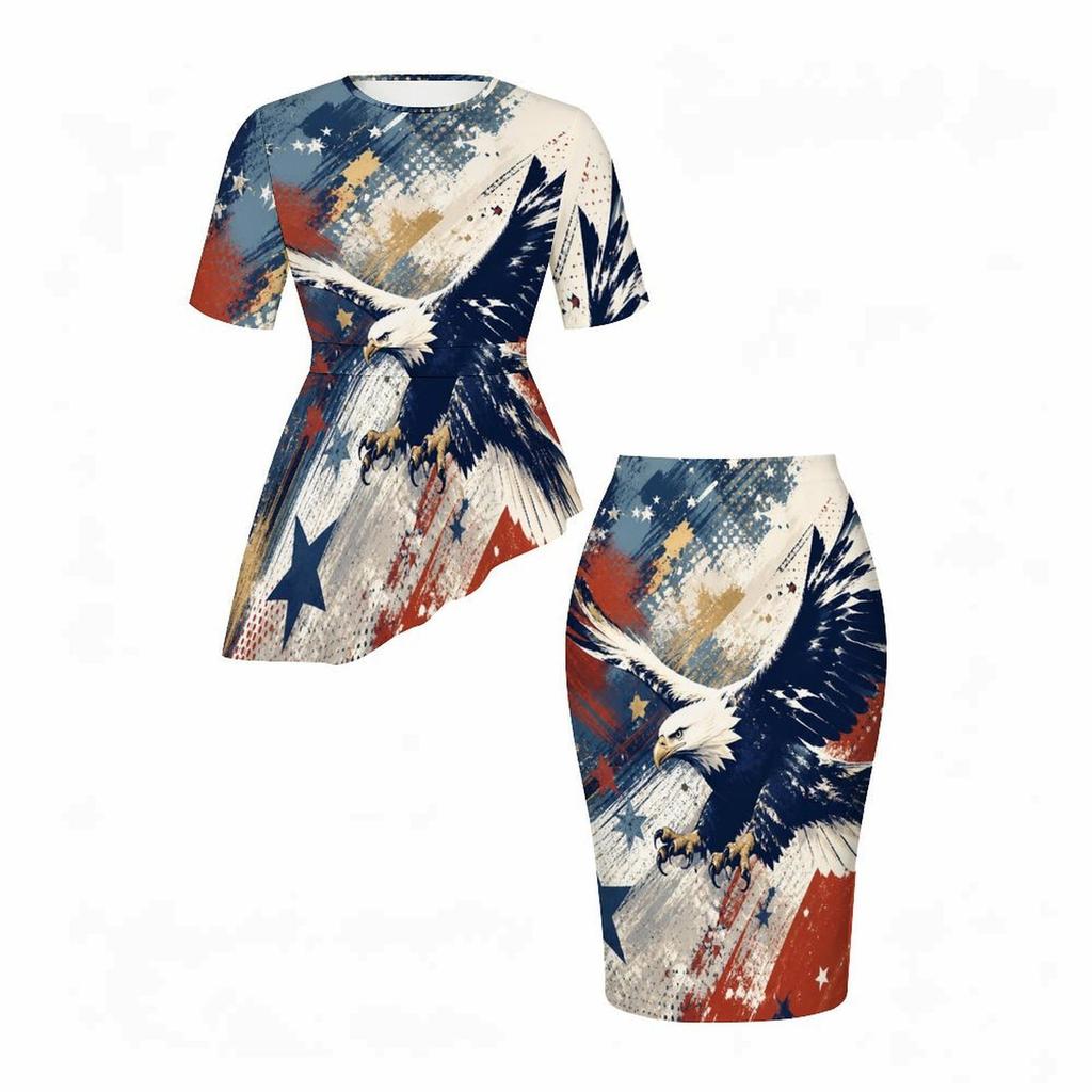 Women Plus Size Round Neck Short Sleeve Navy Red Printed Asymmetric Top And Fitted Skirt Two Piece Set