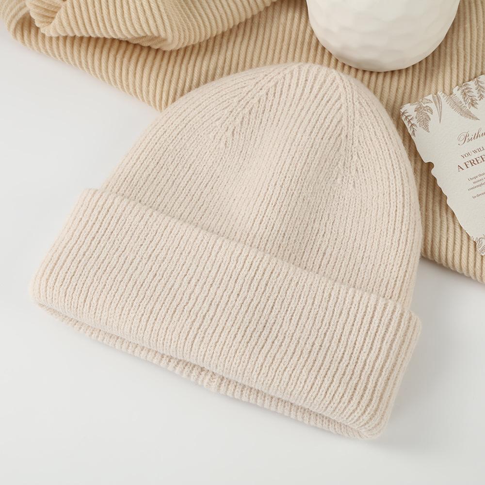 Winter Autumn Thick Knit Hat Solid Color Folded Brim Warm Outdoor Ski Hat