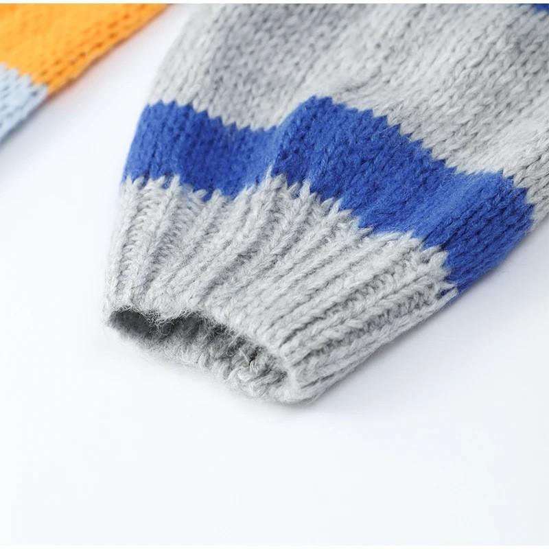 Color Block Striped Loose Knit Sweater Womens Casual Long Sleeve Rainbow Pullover