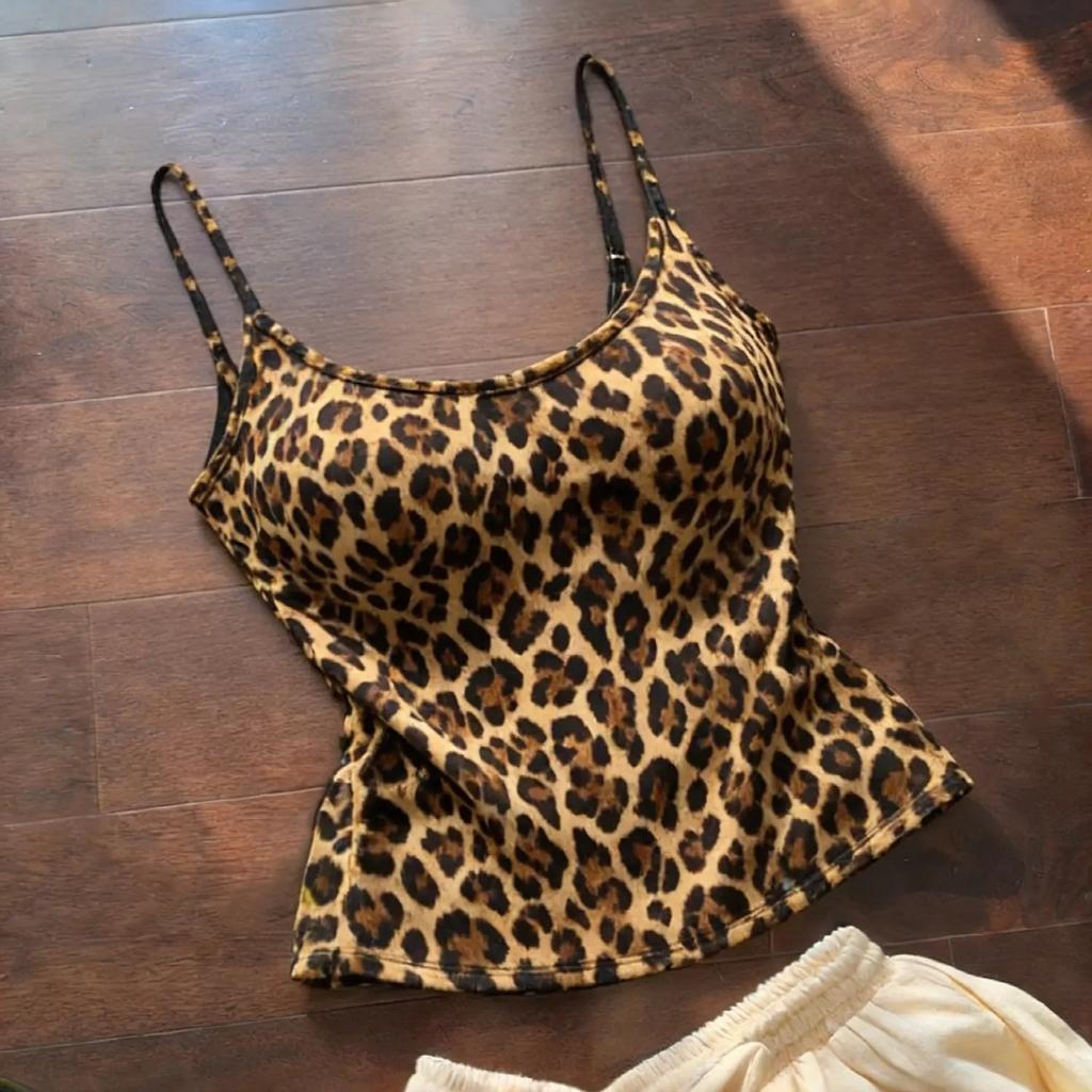 Spice girl pure desire style leopard print sleeveless off-the-shoulder design sense sling vest slim and thin chic printed top