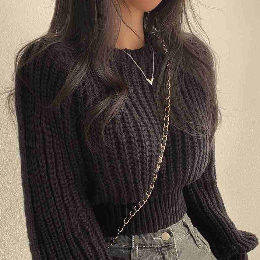 Loose Vintage Women's Sweater with Harajuku Flashlight Long Sleeves Korean Autumn Winter Knitwear Soft Warm Tops, Chic Solid Color Women's Sweater