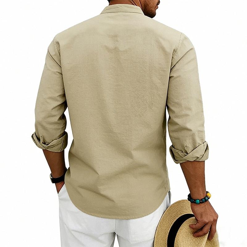 Men Linen Blend Long Sleeve Shirt, Mandarin Collar Ethnic Geometric Print Half Button Henley Shirts Casual Beach Bohemian Tops For Men Multiple Colors