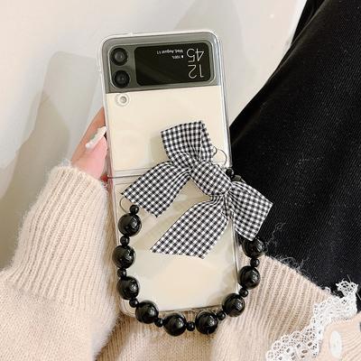 Przenośny czarny koraliki łańcuszek tkanina w kratę Bowknot wisiorek etui na telefon do Samsung Galaxy Z Flip 4 3 5g twardy komputer przezroczysta okładka
