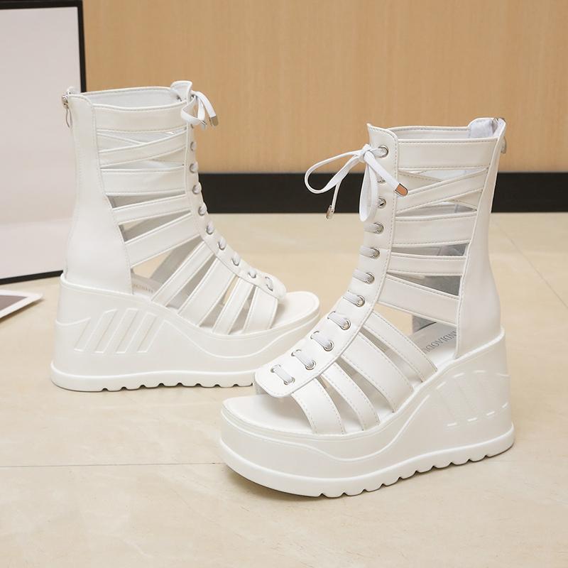 Fashion 2025 Korean Wedge Sandals Women's Summer New Fish Mouth Hollow Sandals Waterproof Platform 10cm Heightened Roman Sandals Boots