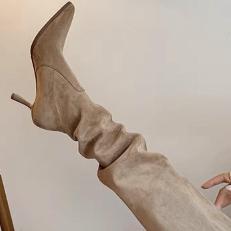 Boots Women's Thick Legs Slim Heel Boots But Knee Folded Pointed Pile Boots European and American Elastic Boots High Heel Medium Boots