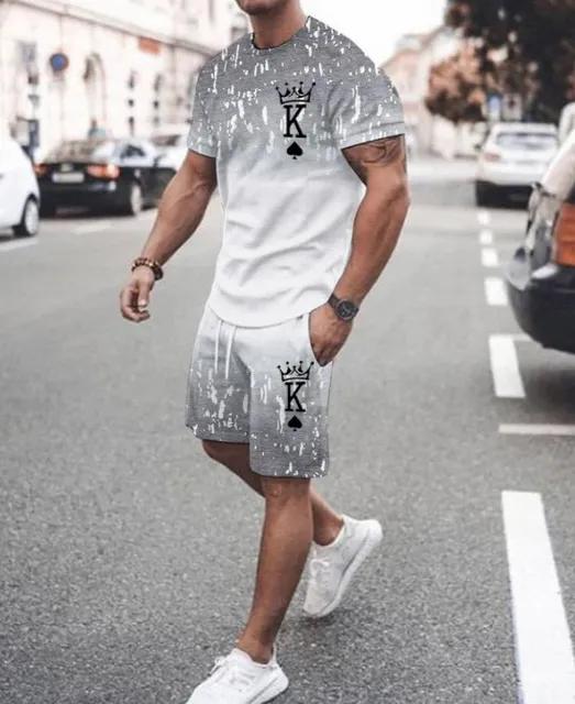 Europejski amerykański zestaw męskich T-shirtów Lato Nadruk 3D Litery Karty do gry Spodenki Krótki rękaw Kombinezon 2-częściowy zestaw Casual