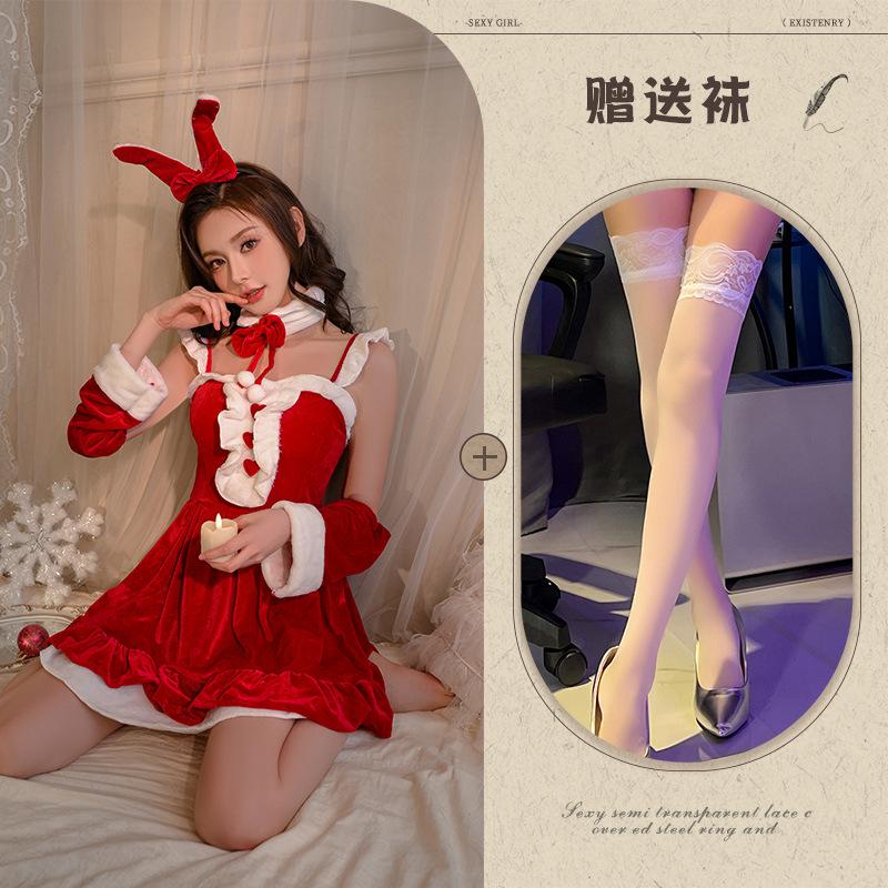 Love Adult Christmas Dress Female Cute Velvet Bunny Stage Performance Dress Up Holiday Party Dress Up Suit