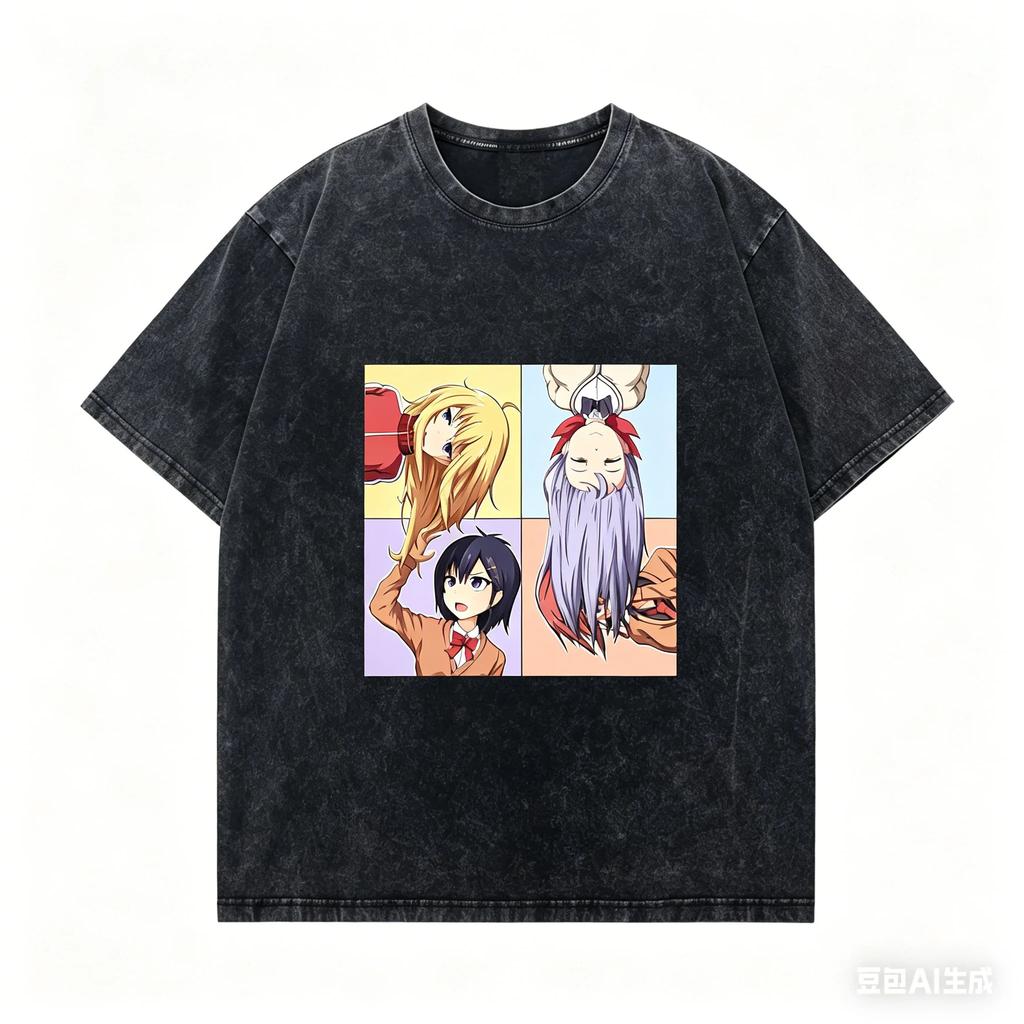 Stylish Washed Black Oversized T-Shirt with Cute Blonde Anime Girl Birthday Graphic Print T-shirt