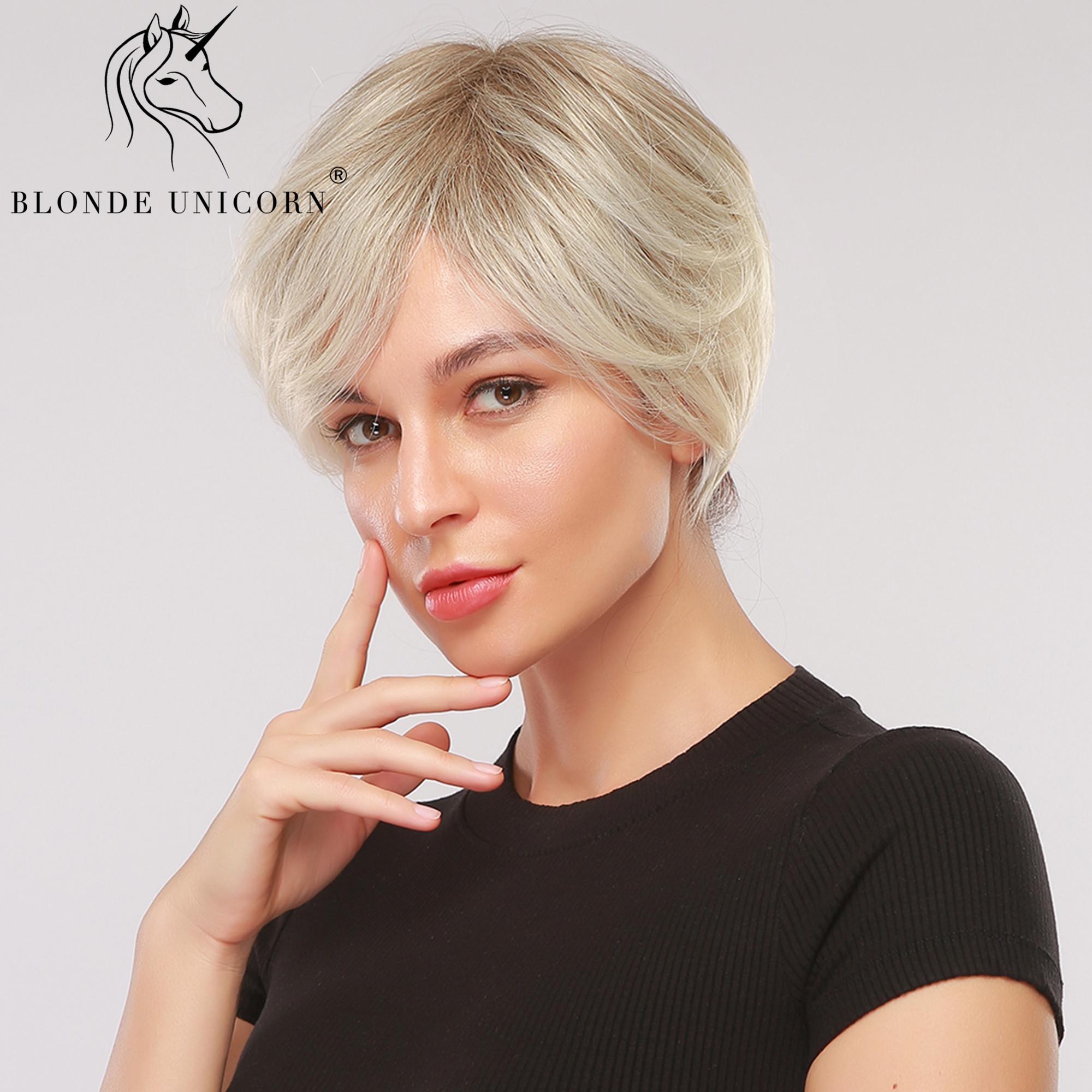 

BLONDE UNICORN Мода Синтетический Парик Короткие Прямые Натуральные Блондинки Grident Челка Женские Волосы естественный/светлый