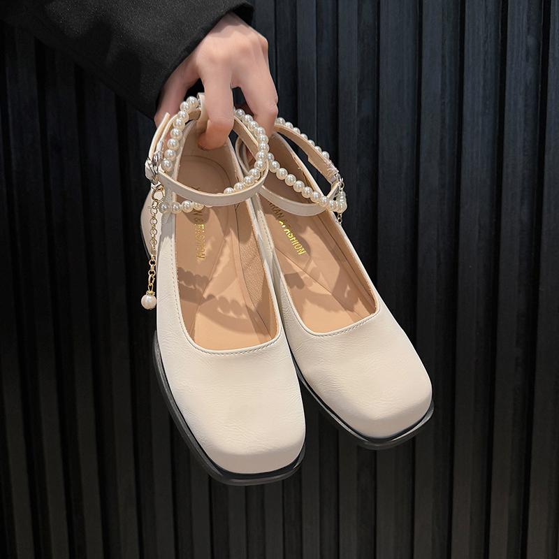 

Fashion Big Size 35-42 43 Women Leather Med Heel Pumpes Lady Shoes Square Toe Sweet Shoes Pearls Chain Silk Ribbon Bow 35 бежевый