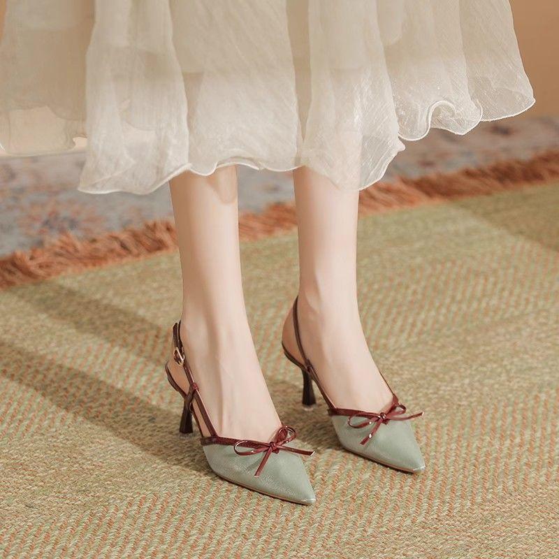 Popular bow pointed head thin heel high heel single shoes with bag head sandals sexy super fairy high heels