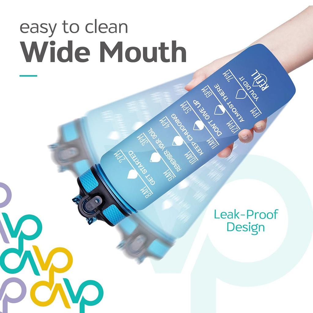32oz/1000ml Motivational Fitness Sports Water Bottle With Time Marker & Straw, Large Wide Mouth Leakproof Durable