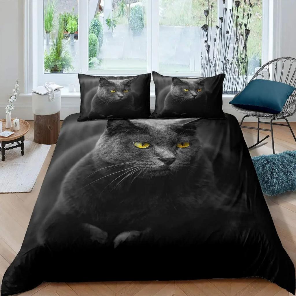 2026 Katzen Bettwäsche Set Haustier Katzen Muster Einzelbett Bettwäsche Set Niedliches Kätzchen Für Polyester Geheimnisvolle Schwarze Katze Kingsize Bettbezug