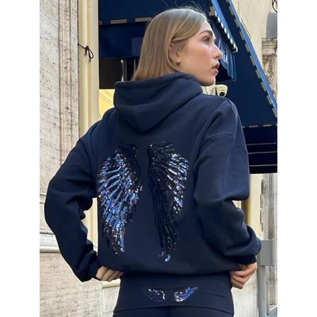 2KWEIRD Women's Shinny Sequin Angel Wings Hooded Jacket Pant Long Sleeve Loose Casual Hooded Pullover New Lady Y2K Autumn Outwears