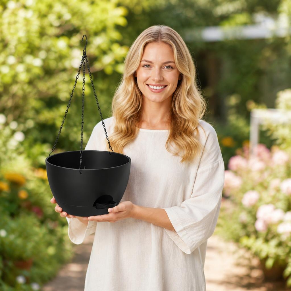 Self-Watering Hanging Planter with Plastic Construction and Chain Suspension Suitable for Indoor and Outdoor Use with Water Reservoir System