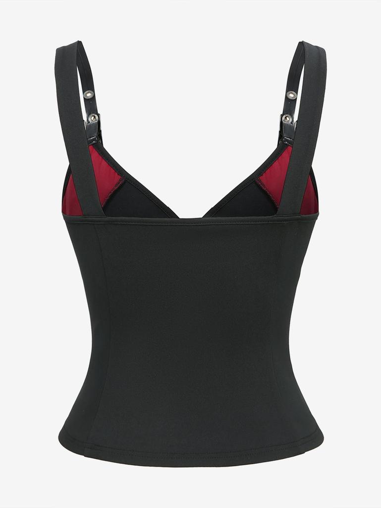 Rosegal Gótico Plus Size Painel de Rede Zíper Cruzado Alças de PU com Tiras Top Regata Fivela com Ilhós