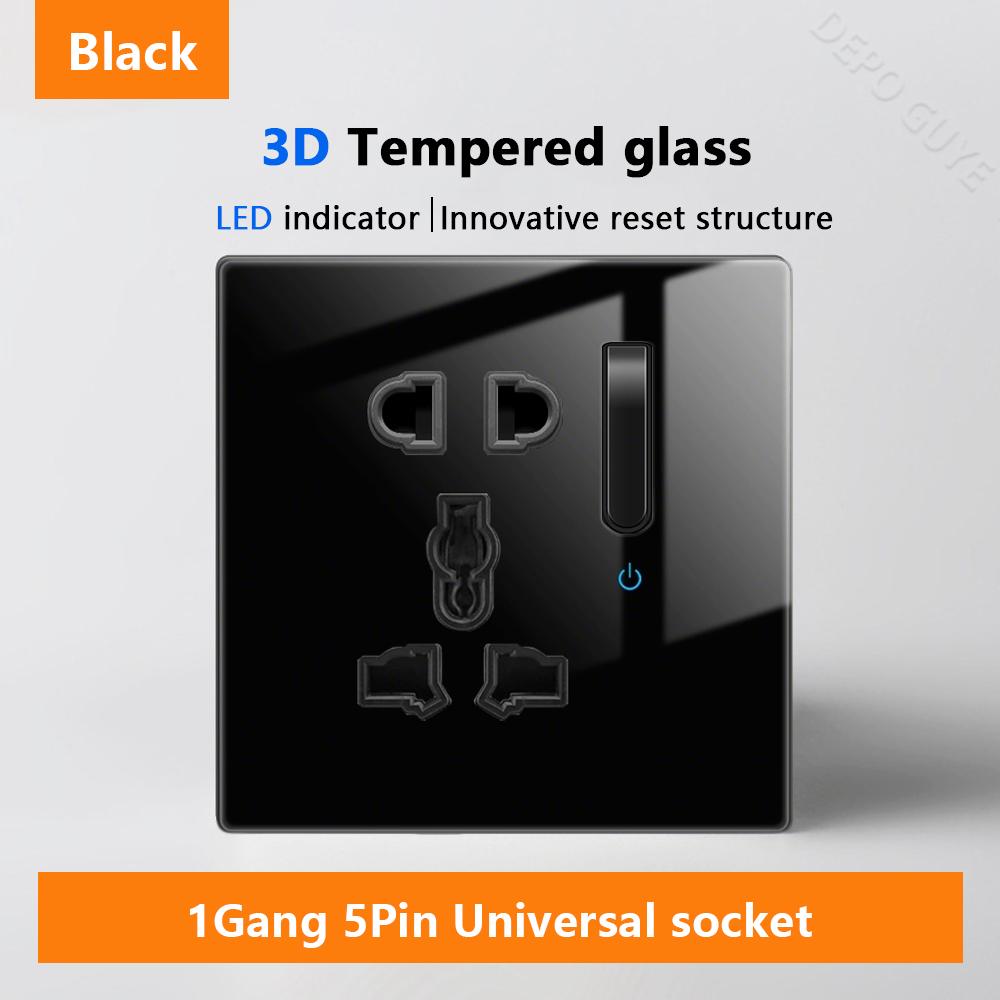 Luxury LED Indicator Light Switch Black Tempered Glass Piano Key Self-reset Wall switch,UK EU Universal USB C Electrical Socket