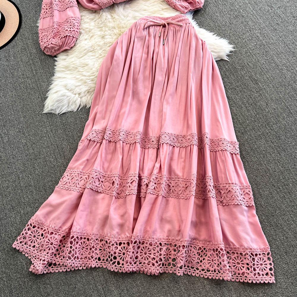 Lace Panel Long Sve Irt And High Waist Flared Skirt Set Women's Faion Ensemble Hollow Out Design Slimming Women Suit 2 Pieces Set