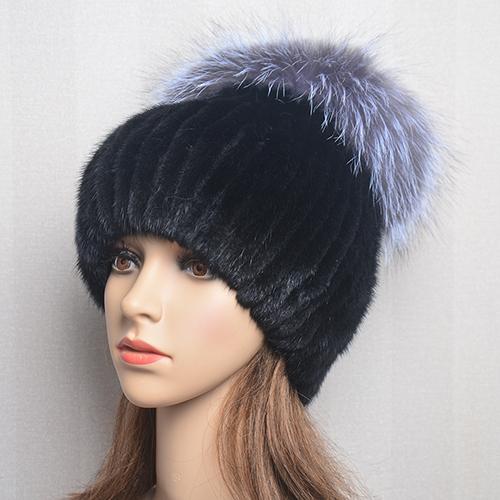 

Новая высококачественная норковая шапка для женщин, шапки из натурального норкового меха с роскошным женским большим помпоном, шапки-бини с шариком из лисьего меха, зимняя женская шапка чёрный