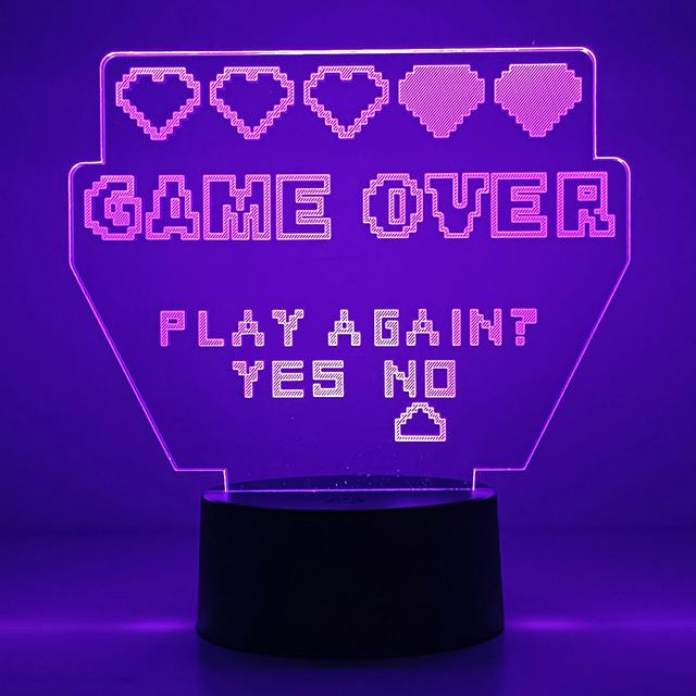 Gameover 3D Night Lamp Gaming Room Desk Setup Lighting Decor on The Table Game Console Icon Logo Sensor Light for Kids Gift