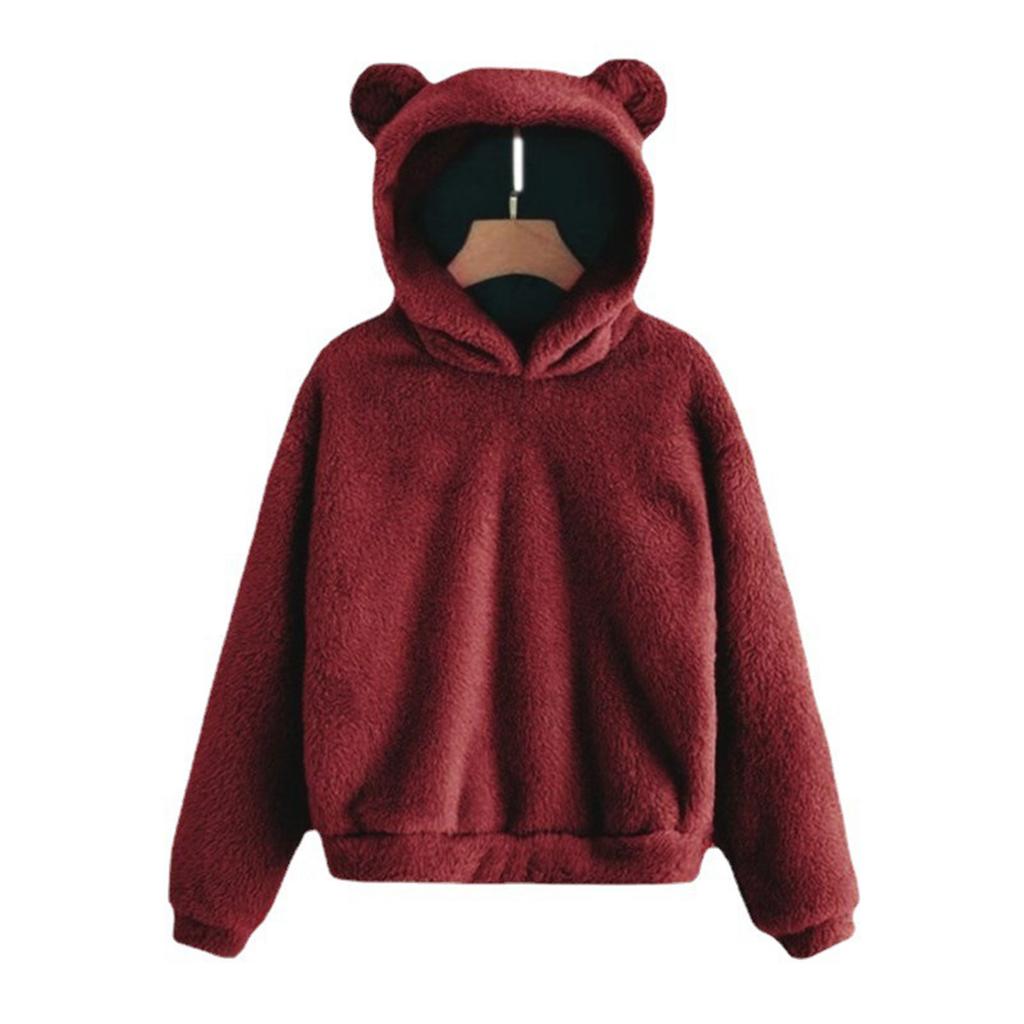 Women's Fashion Long Sleeve Solid Color Fleece  Ears Hooded Warm Sweater Sweatshirt