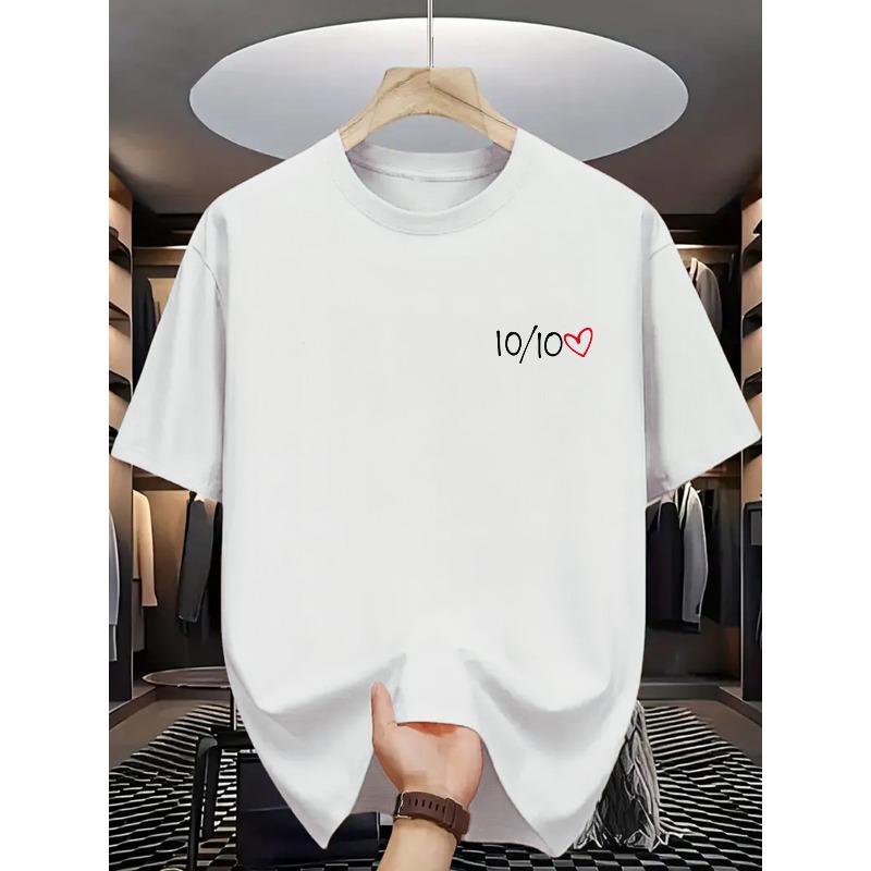 

European sizes Men S Casual Summer T-Shirt with 10/10 Heart Print - Soft Breathable Fabric, Round Neck, Short Sleeve, Regular Fit 4XL