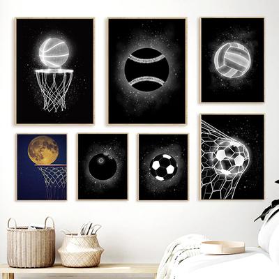 Neon Siyah Beyaz Basketbol Futbol Voleybol Posterler Tuval Boyama İskandinav Spor Duvar sanat resmi Çocuk Odası Spor Salonu Dekor Için
