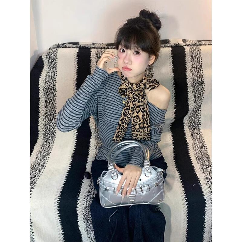 

Korean Striped Off-Shoulder Slimming Long-Sleeve Top for Women XXL