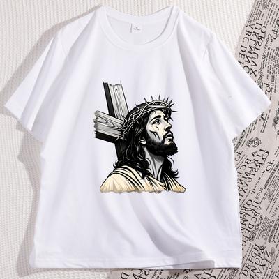 Mens TShirt with Detailed Jesus T Shirt Carrying Cross Graphic Tees Cotton Short Sleeve Men Women Tshirt Streetwear Clothes