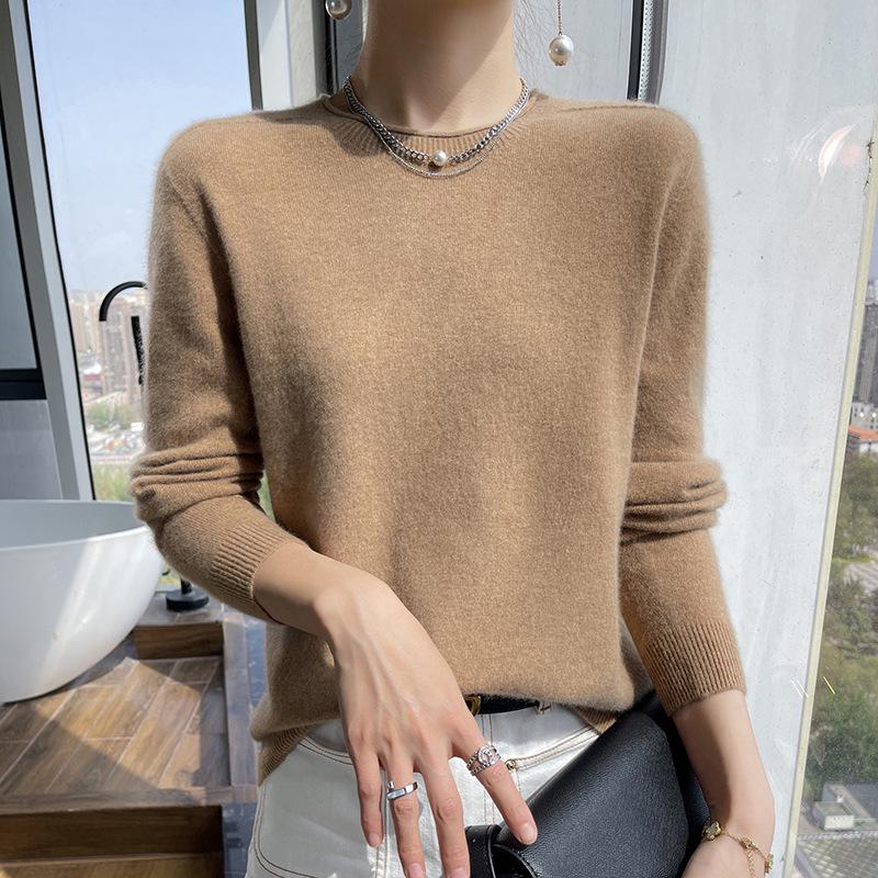 Women's Cashmere Round Neck Sweater: Solid Color, Long Sleeve, Autumn/Winter Knit Top
