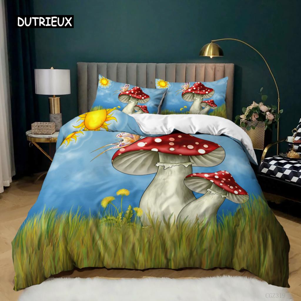Mushroom Duvet Cover Set Queen Size Microfiber Mushrooms Ornate Doodles with Swirls Eyes Psychedelic Botany Bdding Set For Teens