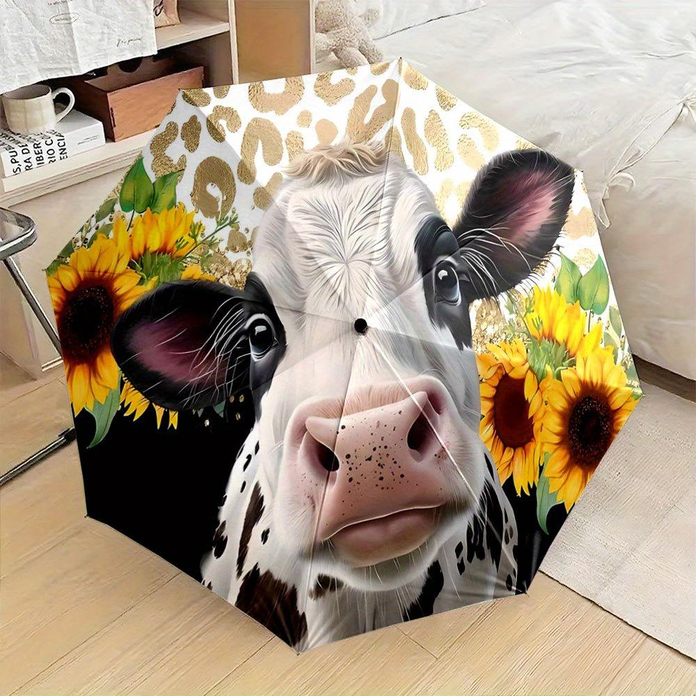 

Compact Umbrella Featuring a Cow And Sunflower Design, Perfect As a Creative Gift for Christmas And Other Festive Occasions. Iron&8K