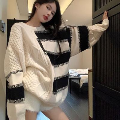 Design Sense Black and White Striped Patchwork Pullover Sweater for Women 2023 Loose Fitting Long Sleeved Knit Sweater Pullover