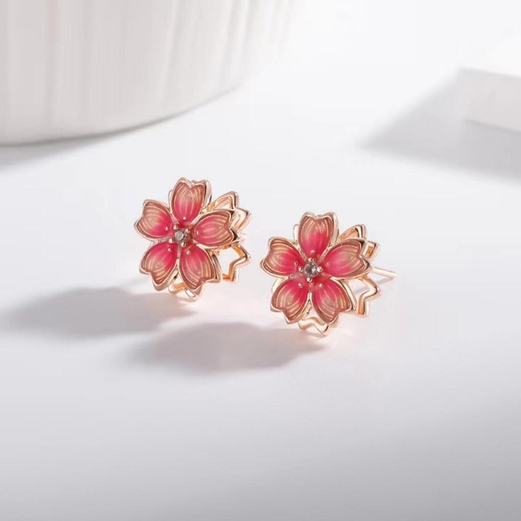Korean-Japanese Cherry Blossom Resin Stud Earrings: High-End Silver Imitation Fashion for Women