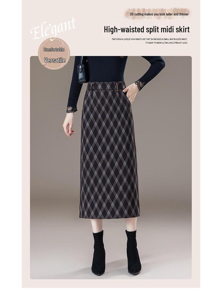 Women's Plaid Wool Hip-Hugging Half Skirt with Elastic Waist and Back Slit, 2025 Winter Collection