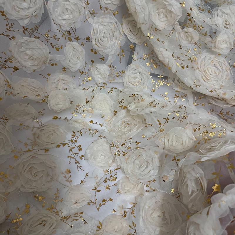1 Yards 3D Lace Rose Flower Embroidery Hot Stamping Tull Lace Fabric For Diy Sewing Apparel Wedding Dress Performance Costume