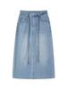 Hong Kong Style Tencel Stretch Back-Slit Denim Midi Skirt - High-Waisted, Tie-Up, Slimming & Versatile for Women (Spring 2026)