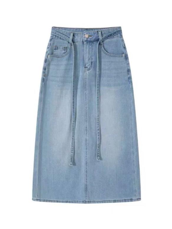Hong Kong Style Tencel Stretch Back-Slit Denim Midi Skirt - High-Waisted, Tie-Up, Slimming & Versatile for Women (Spring 2026)