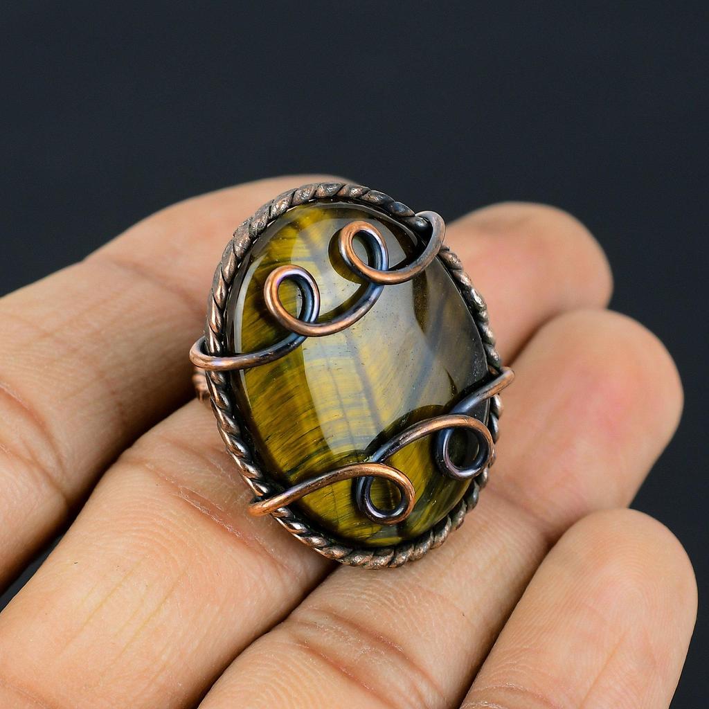 Tigerauge Edelstein Kupferdraht gewickelt handgemachter Schmuckring für Frau
