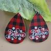 European & American Christmas Plaid Leather Earrings with Letter Print - Double-Sided PU Design.