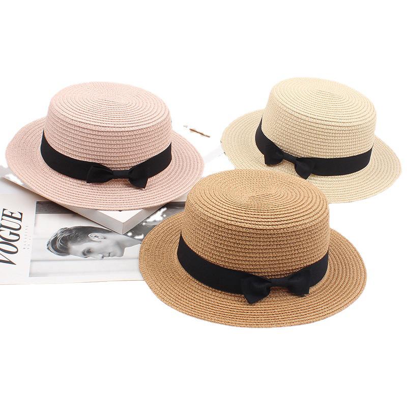Korean Straw Hat - Retro Bow Flat Top Fedora for Spring & Summer Beach Days