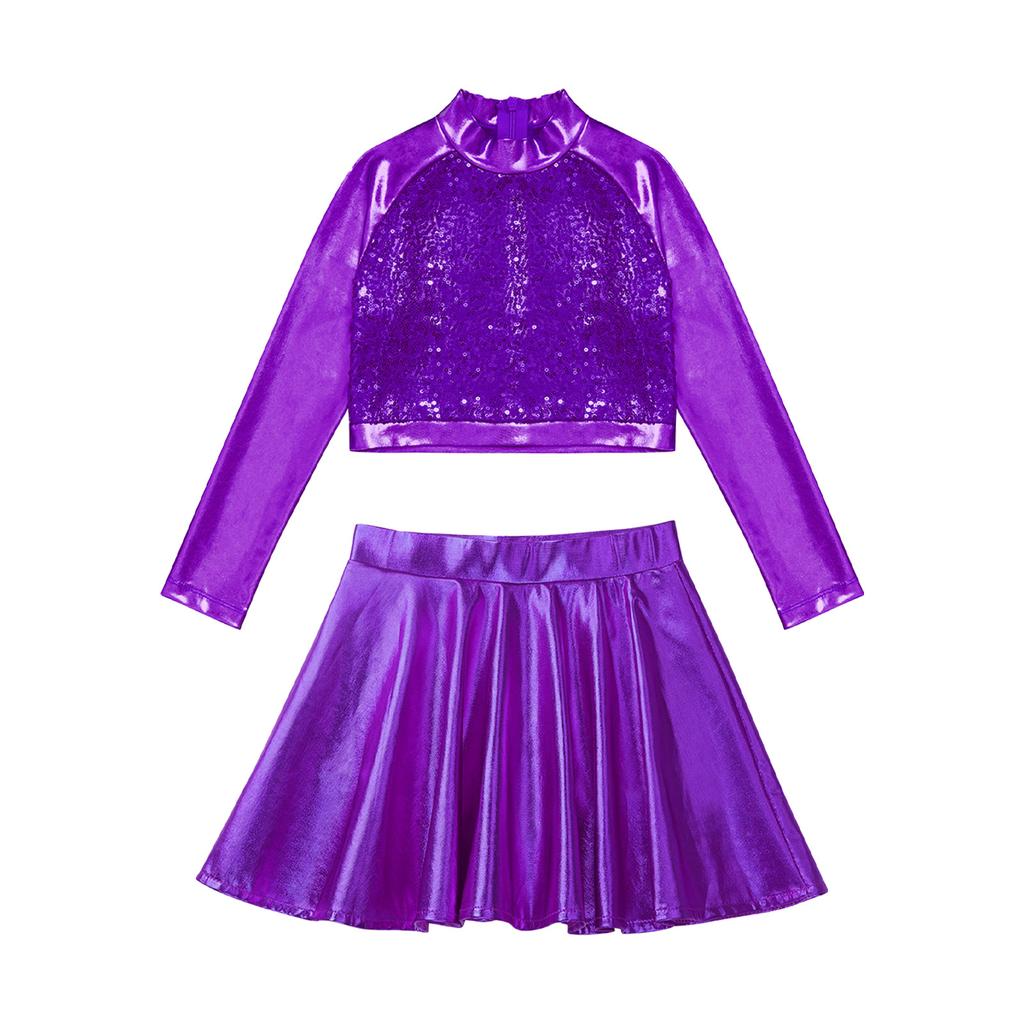 Kids Girls Glossy Metallic Dance Outfit Long Sleeve Sequin Crop Top Skating Short Skirt Suit for Figure Skating