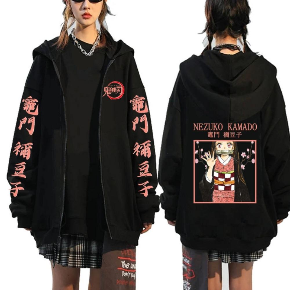 Anime Devil Killer Kamado Nezuko Printed Zipper Hooded Sweatshirt Autumn/Winter Fashion Casual Jacket Coat