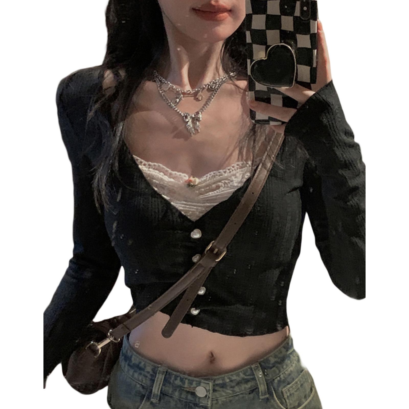 

Женские трикотажные укороченные топы из двух частей с имитацией кружева в стиле пэчворк с вырезом сердечком и длинным рукавом, кардиган облегающего кроя в уличном стиле M чёрный