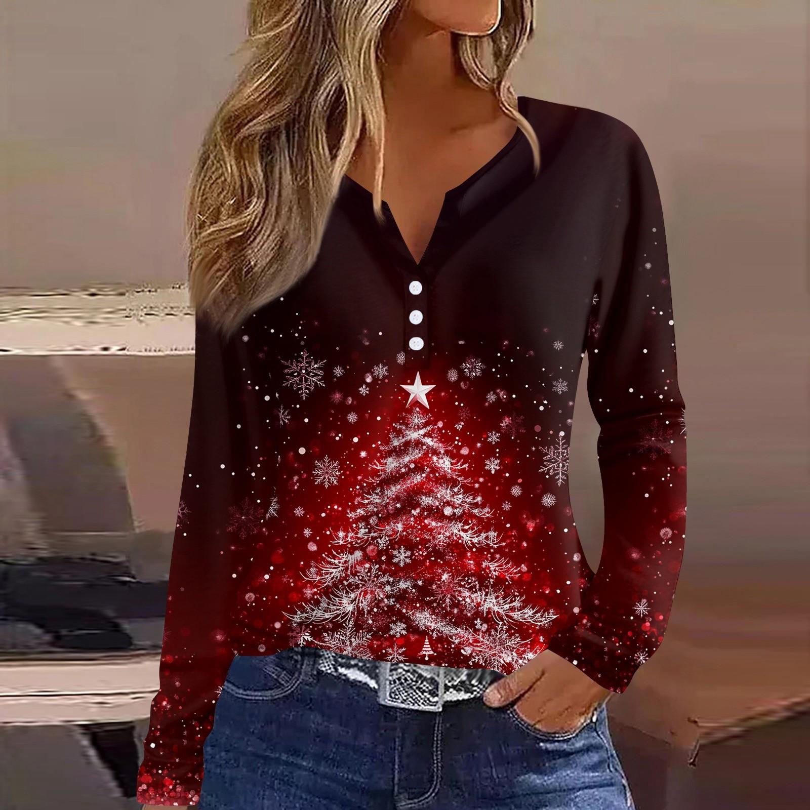 Женская футболка с рождественским принтом на пуговицах с длинным рукавом — фото 13