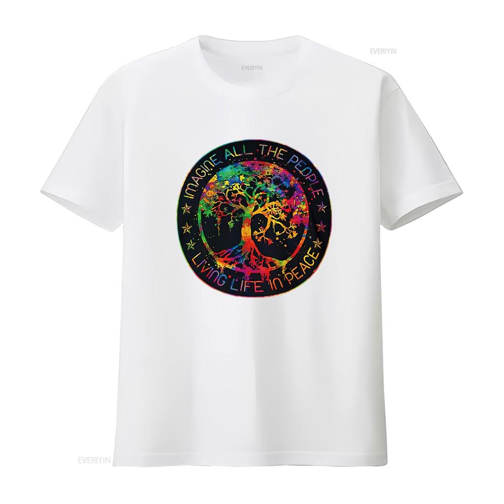 Mens All The People Imagine Living Life In Peace Hippie Tie Dye T Shirt White Small Vintage Washed Slightly Homme Unisex