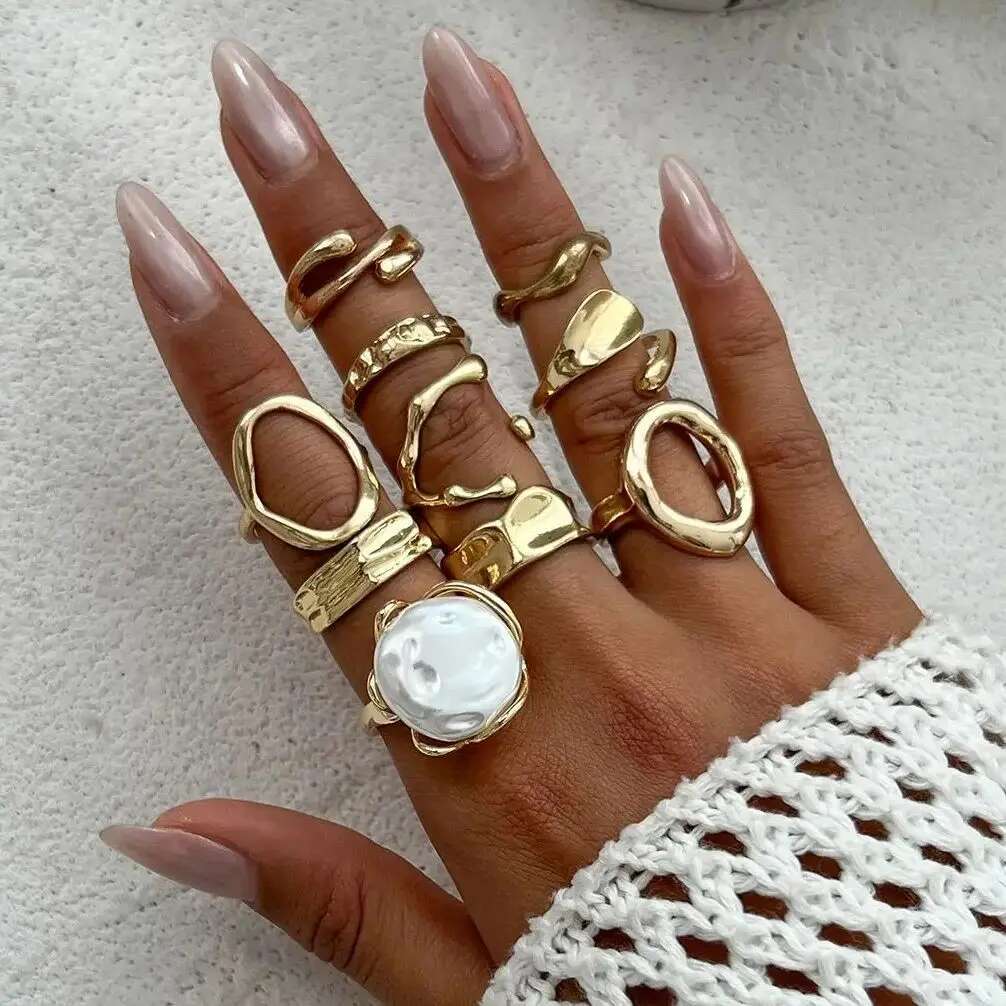 PuRui Vintage 10Pcs/Set Imitation Zircon Trendy Hollow Out Irregular Unique Open Ring Set Creative Geometry Ring Female Zircon