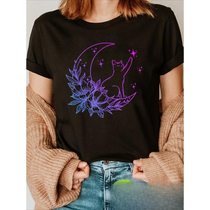 

European Size 1pc Women S Floral Cat and Moon Print T-Shirt - Polyester Crew Neck Short Sleeve Casual Top with Slight Stretch for All Seasons 4XL чорний