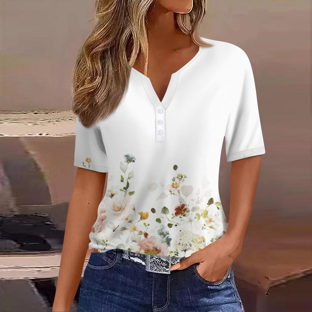 Camiseta con botones decorados de manga corta con cuello en V y estampado floral informal a la moda para mujer